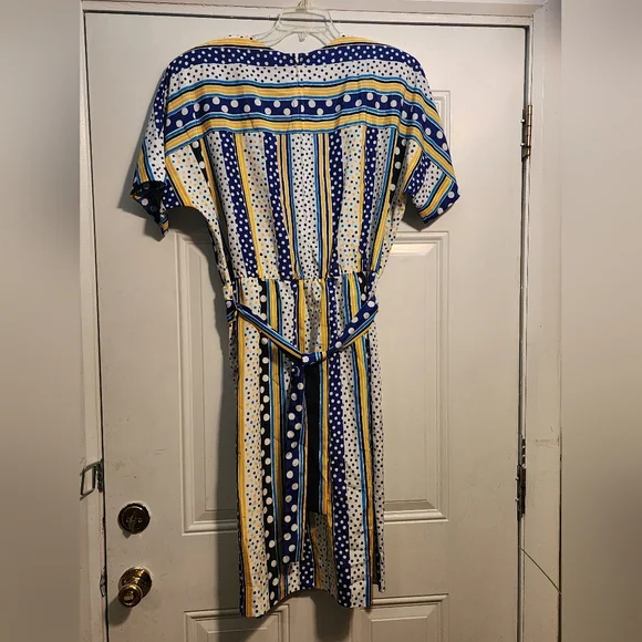 Vintage By Brownstone Studio Blue/Yellow Polka Dot Dress with Pockets - Picture 2 of 6
